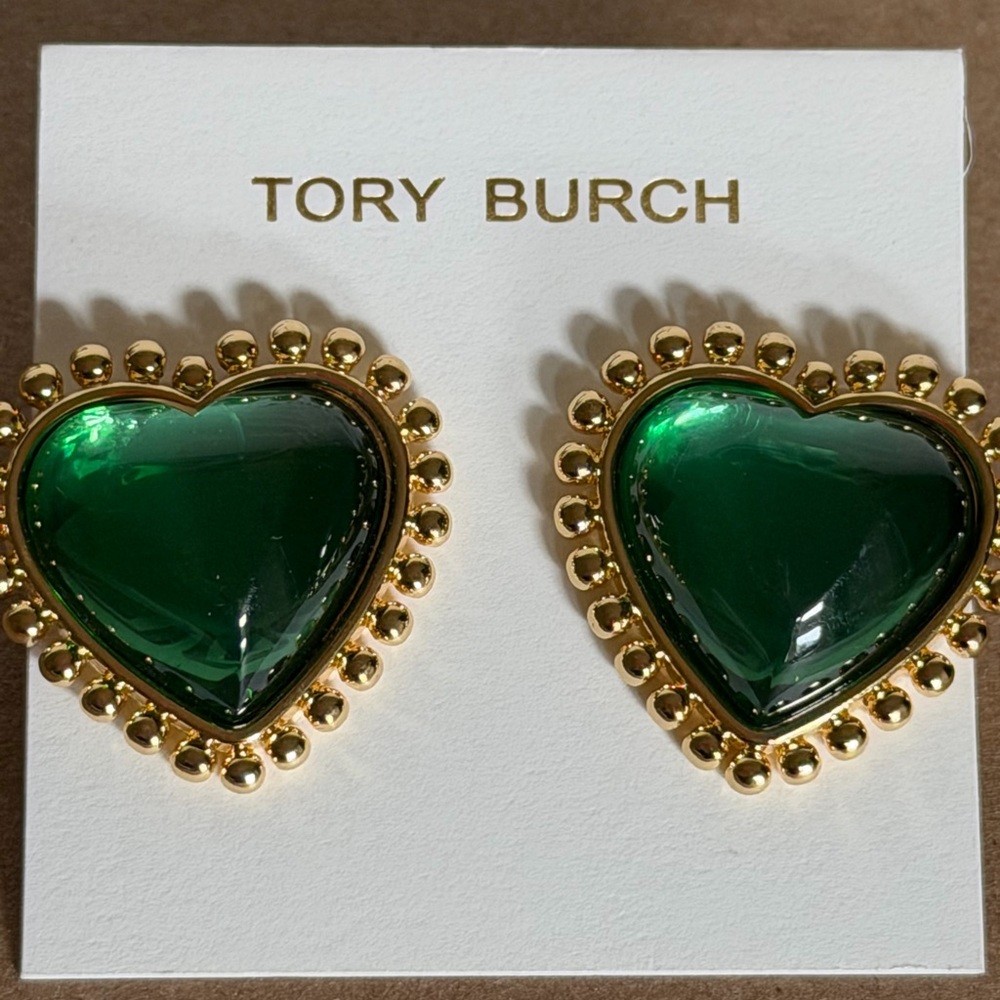 Tory Burch Green and Gold Heart logo stud  Earrings - Picture 7 of 9
